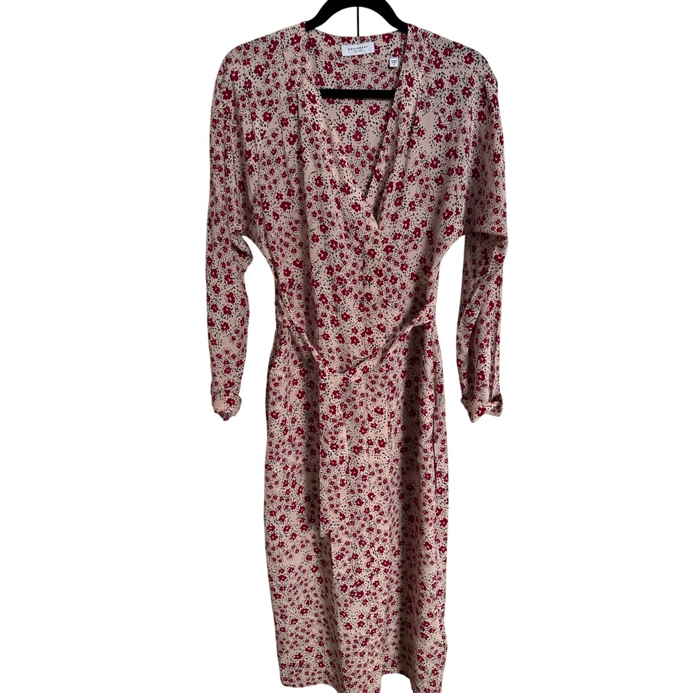 Equipment Femme 100% Silk Floral Wrap Midi Dress Red Blush Medium